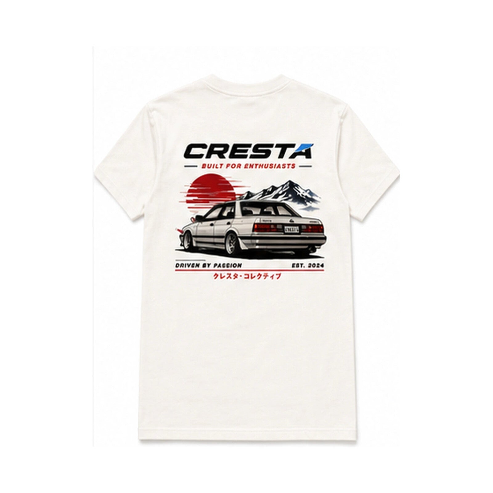 Cresta Enthusiast Tee in white — back with JDM sunset graphic